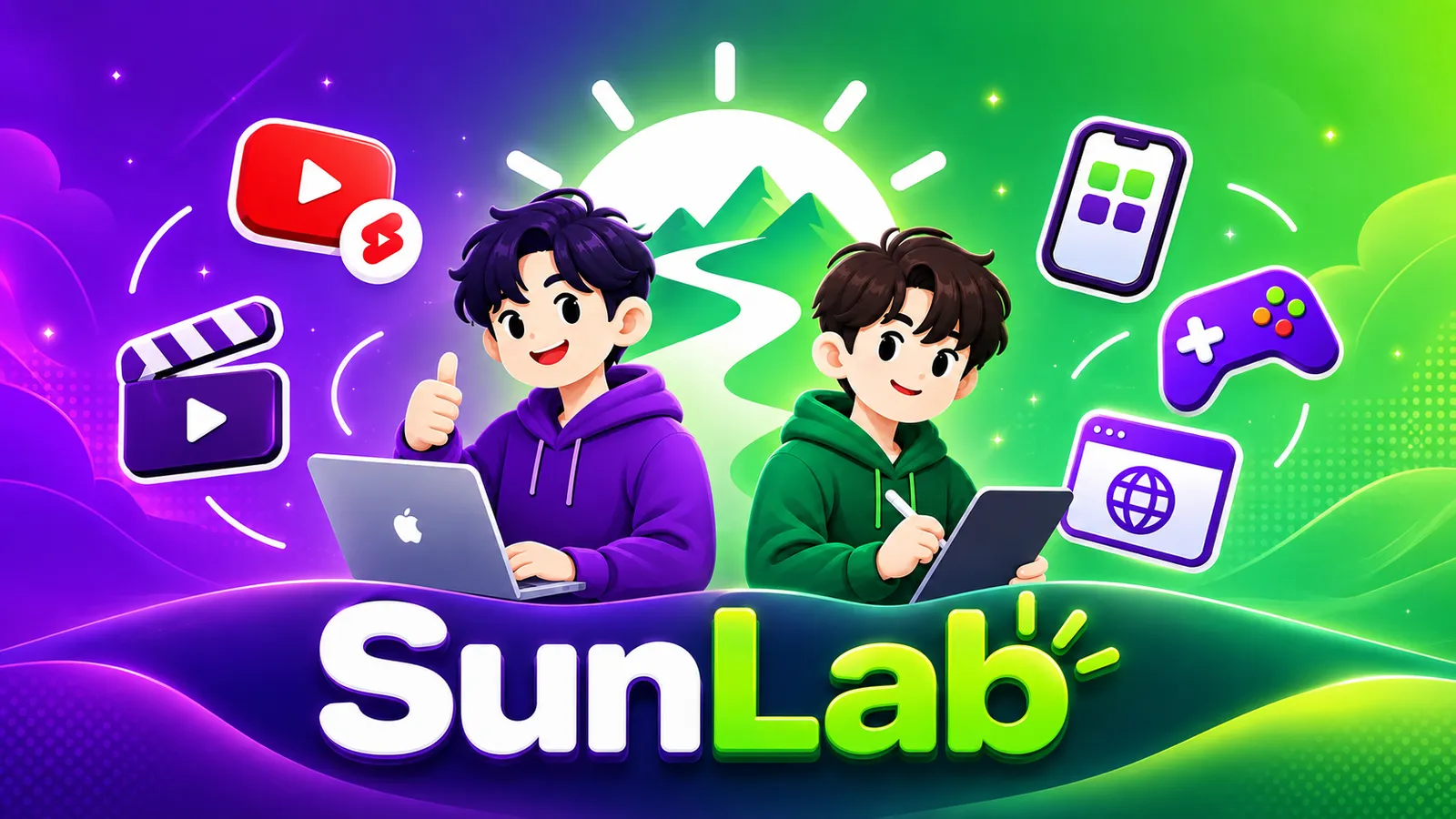 SunLab 대표 이미지 — 노트북과 태블릿으로 작업하는 두 형제와 영상·앱·게임·웹 아이콘